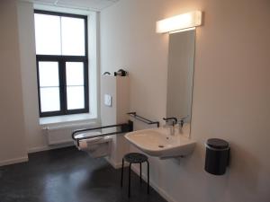 a bathroom with a sink and a toilet and a mirror at De Kleppe in Everbeek