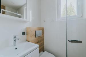a bathroom with a toilet and a sink and a shower at Chatka Morska in Karwia +84 photos