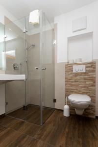 a bathroom with a toilet and a glass shower at Landhotel Die Waldschänke in Kochel