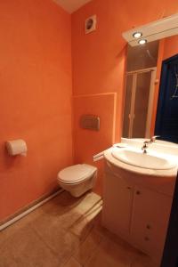 Saint-Fortunat-sur-Eyrieuxにあるmondonlehautのオレンジ色のバスルーム(トイレ、シンク付)
