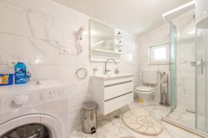 ein weißes Badezimmer mit einem Waschbecken und einer Waschmaschine in der Unterkunft Tranquility and Nature in 4 Bedroom with Sea View in Mokošica