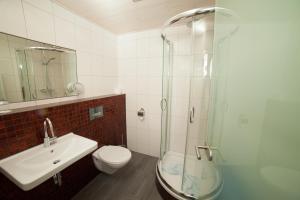 a bathroom with a toilet and a sink and a shower at Goldener Stern in Dingolfing
