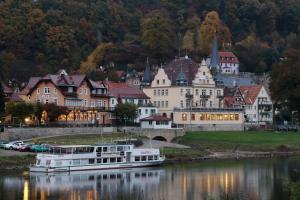 a boat on the river in front of a town at Manufaktur Boutique Hotel in Stadt Wehlen