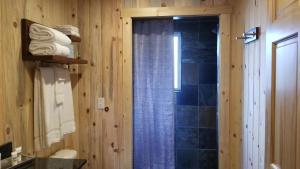 La salle de bains est pourvue d'une douche avec un rideau de douche bleu. dans l'établissement Bluff Gardens, à Bluff 30 autres photos
