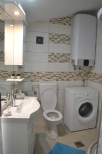 a bathroom with a toilet and a sink and a washing machine at Apartments Niković in Risan