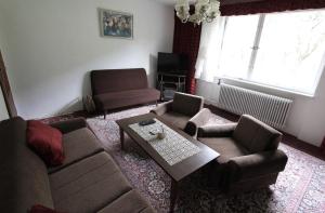 ein Wohnzimmer mit einem Sofa, Stühlen und einem Tisch in der Unterkunft Retro Cottage Osturna in Osturňa