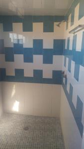 a bathroom with a blue and white tiled wall at Hotel Don Fer in Chignahuapan