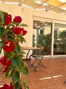 een tafel en een plant met rode rozen op een patio bij B&B L'Assunta in Alessano