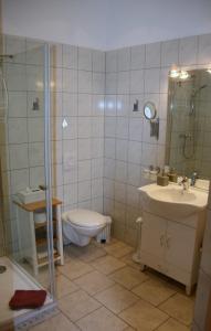 a bathroom with a toilet and a sink and a mirror at Romantik Landhaus & Pension Klaps Liebling in Lübben +49 photos