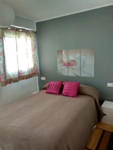 バレンシアにあるApartamento en la Ciudad de las Artes y las Cienciasのベッドルーム1室(ピンクの枕が付いた大型ベッド1台付)