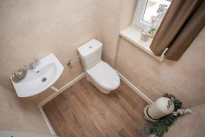 a bathroom with a toilet and a sink and a window at Captain's Attic in Račišće