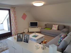 ein Wohnzimmer mit einem Sofa und einem TV in der Unterkunft Rennbahn - Life Iffezheim; Wohnen mit Rennbahnblick in Iffezheim
