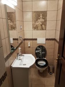 baño con aseo negro y lavamanos en La Siesta Apartments Oradea, en Oradea