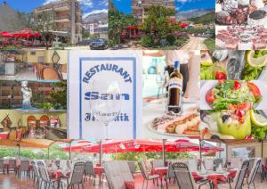 a collage of photos of a restaurant with tables and chairs at Apartmani Šutić in Promajna