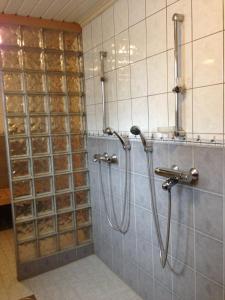 a shower in a bathroom with a glass wall at Hiiden Kämppäkartano iso vuokramökki lähellä Tiilikan kansallispuistoa in Sotkamo +40 photos