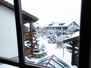 een raam met uitzicht op een besneeuwde tuin bij Ferienwohnung Aeschi Park in Aeschi