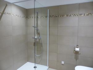 a shower with a glass door in a bathroom at Maison d'Hôtes Zella in Bains de Guitera
