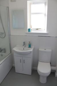 a bathroom with a toilet and a sink and a window at No.10 in Stornoway