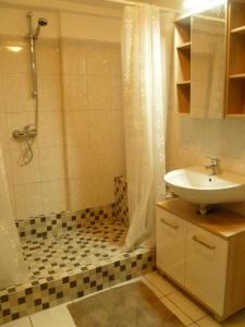 a bathroom with a sink and a shower at Natur und Erlebnis in Langen +11 photos