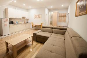 a living room with a couch and a kitchen at Wonderful flat on city center (Mukachivska 4/15) in Uzhhorod