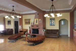 a large living room with couches and a fireplace at Athorama Hotel in Ouranoupoli