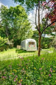 a green van parked in a field of flowers at The Airstream in Penryn