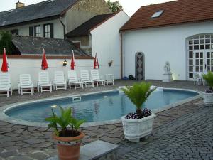 a pool with chairs and umbrellas next to a building at Pension Šejko in Horní Planá