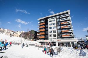 un grupo de personas en la nieve frente a un edificio en Alpen Ridge, en Niseko