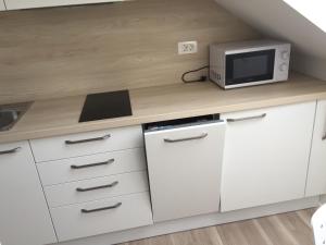 a kitchen with white cabinets and a microwave at Kirhouse Apartment in Bohinjska Bela