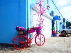 ゲレンジークにあるGuest House Vishnevyi Sadの青い花の建物の隣に停められた赤い自転車