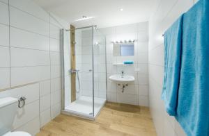 bagno con doccia in vetro e lavandino di Apartements Kaschitz a Pörtschach am Wörthersee