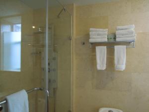
a bathroom with a shower, sink, and toilet at The Eldon Luxury Suites in Washington, D.C.
