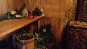 a room with a wooden wall and a counter with flowers at Liepziedos in Ēdole