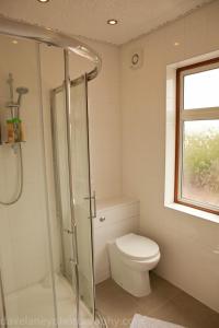 a bathroom with a toilet and a glass shower at Home from Home in Ilford