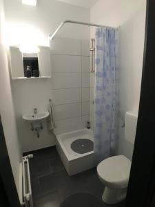 ein kleines Badezimmer mit Toilette und Waschbecken in der Unterkunft Living @ Klassvilla Weserwehr No. 4 in Bremen
