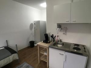 eine kleine Küche mit Spüle und Kühlschrank in der Unterkunft Living @ Klassvilla Weserwehr No. 4 in Bremen + 2 Fotos