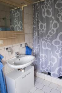 baño con lavabo y cortina de ducha en Am Zirkelstein 38 b, en Schöna
