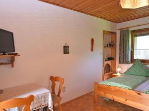 Sonnen的住宿－Small cosy apartment in the Bavarian Forest in a familiar atmosphere，客房设有1张床、1张桌子和1台电视。