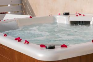 a bath tub filled with water with red roses in it at Theodore Suite in Rethymno Town