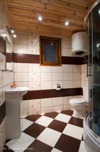 a bathroom with a toilet and a sink and a window at Domki letniskowe IWET in Darłowo