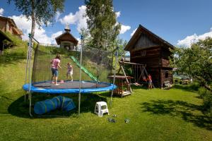 two children playing on a trampoline in a yard at Fasslhütte in Murau