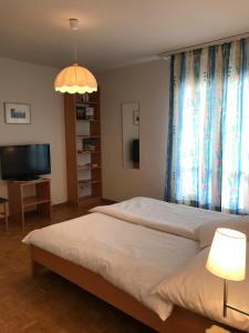 a bedroom with two beds and a flat screen tv at Bed and Breakfast Krone in Schellenberg