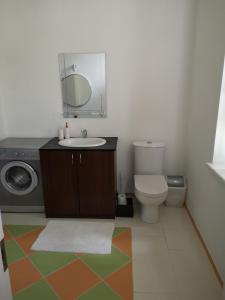 a bathroom with a sink and a toilet and a mirror at Bartas apartment in Liepāja