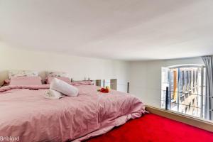 ein Schlafzimmer mit einem rosa Bett und einem roten Teppich in der Unterkunft Bel appartement hypercentre de Strasbourg in Straßburg