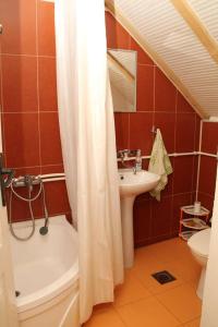 a bathroom with a shower curtain and a sink at **ETNO Vila** - KRUSEVO in Kruševo