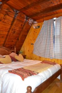 una camera con un letto in una stanza con pareti in legno di Cabañas Bosque Del Faldeo a Ushuaia