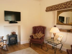 a living room with a chair and a mirror at Plas Y Dderwen Apartments in Aberystwyth