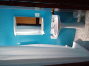 a bathroom with a toilet in a blue wall at Hostal Can Marinés in Sant Carles de la Ràpita