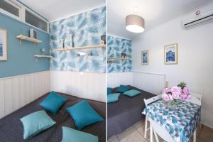 deux photos d'une chambre avec un lit et une table dans l'établissement Au Grand sud, à Hyères