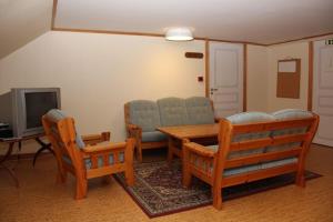 a living room with a table and chairs and a television at Klockaregården i Högsrum in Högsrum